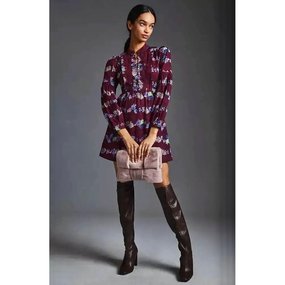BY ANTHROPOLOGIE Mini Tunic Long Sleeve Dress Floral Lace Trims Purple X-Small - Picture 5 of 15